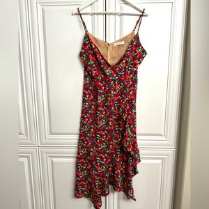 Olivia + James Size Medium Pink/Purple/Red Floral Asymmetrical V-Neck Midi Dress